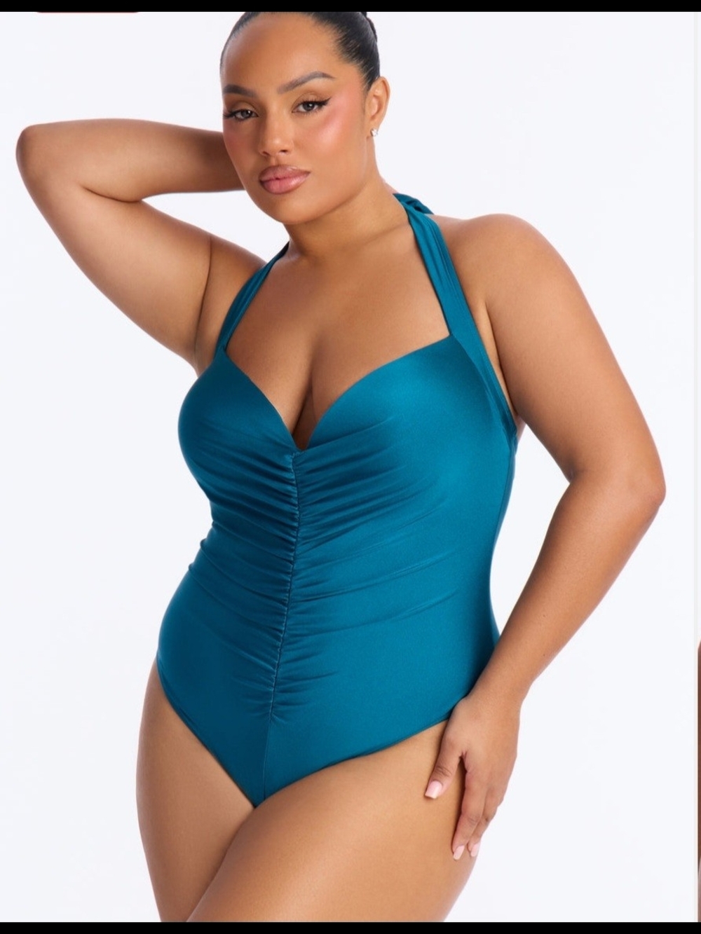 NWT 1X Fashion Nova Teal Halter Ruched One-Piece Swimsuit Plus Size